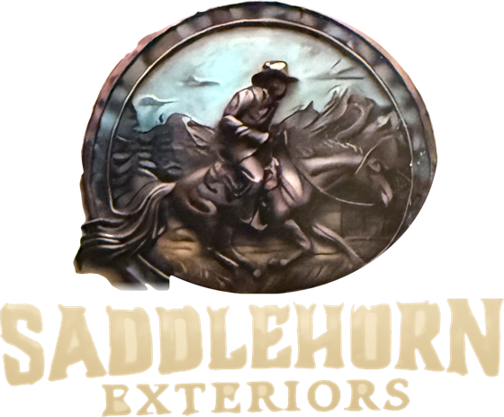 Saddlehorn Exteriors logo: a cowboy on horseback in a bronze medallion