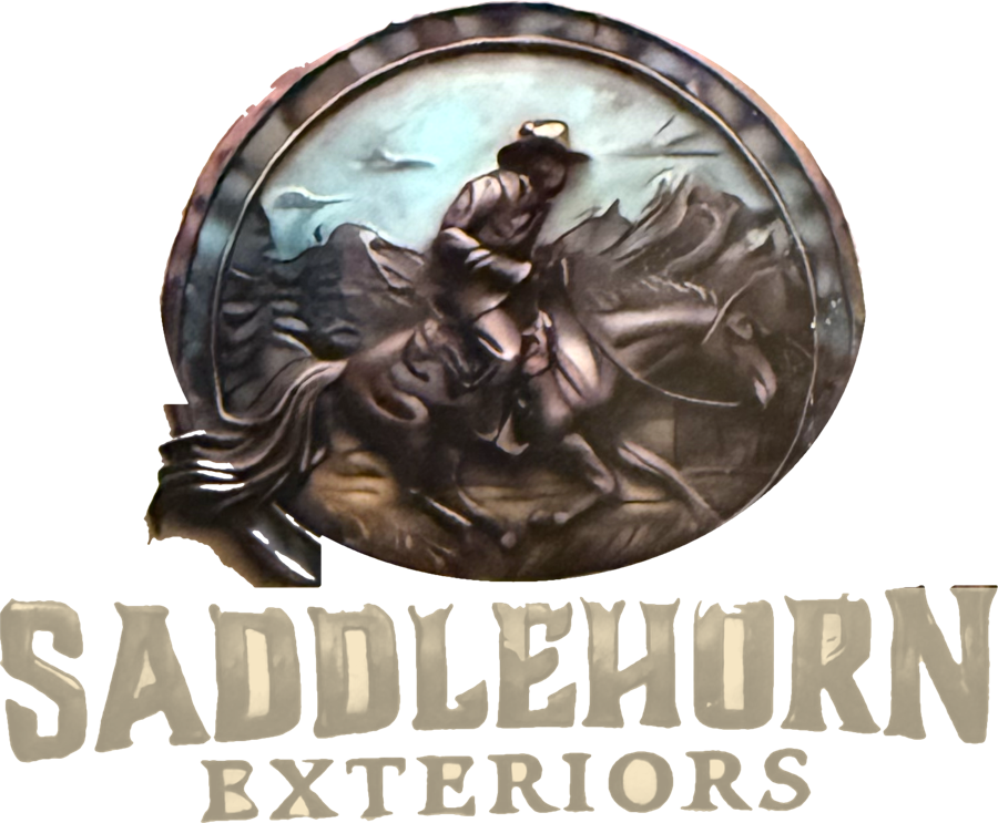 Saddlehorn Exteriors logo: a cowboy on horseback in a bronze medallion